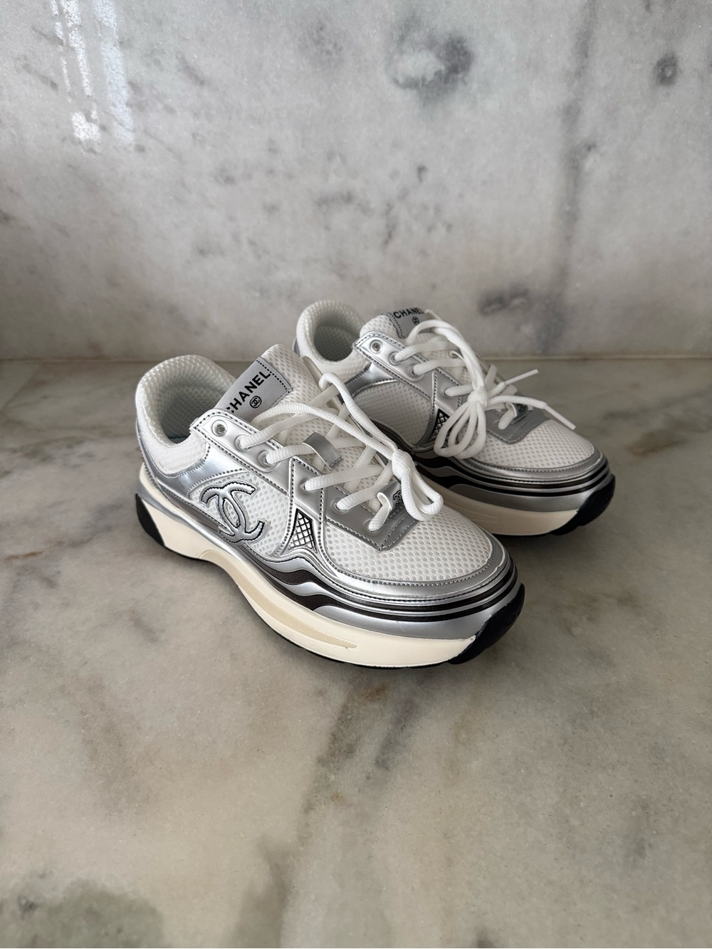 CHANEL White and Silver Platform Lace-Up Sneakers